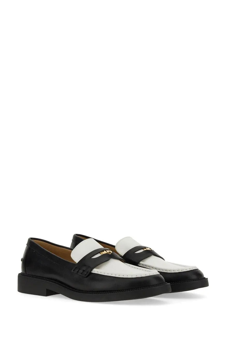 Michael Kors women’s black and white leather loafers with gold tone logo on the strap