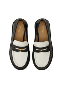 Michael Kors women’s black leather loafers with white accents and a gold-tone logo on the strap
