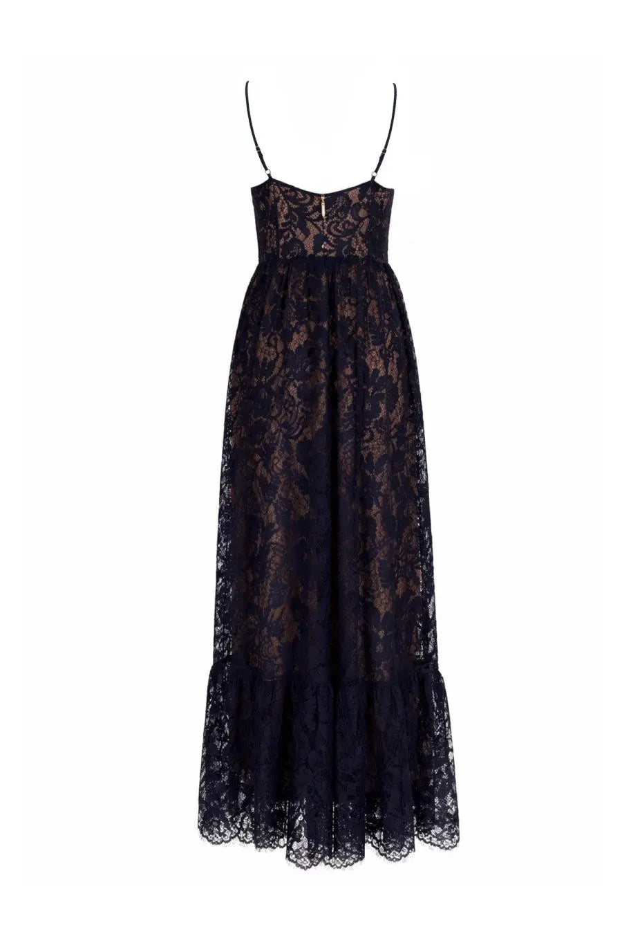 Michael Kors women’s long blue lace maxi dress with delicate floral patterns and thin spaghetti straps
