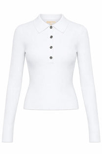 Michael Kors women’s white long sleeved knit polo shirt with classic collar dark buttons and ribbed texture