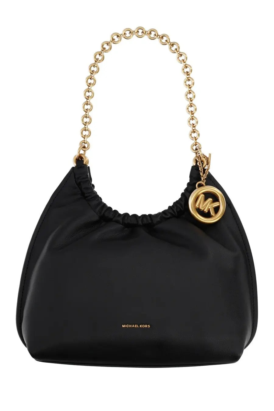 Black michael kors women’s medium indie handbag with gold-tone chain strap and circular logo charm