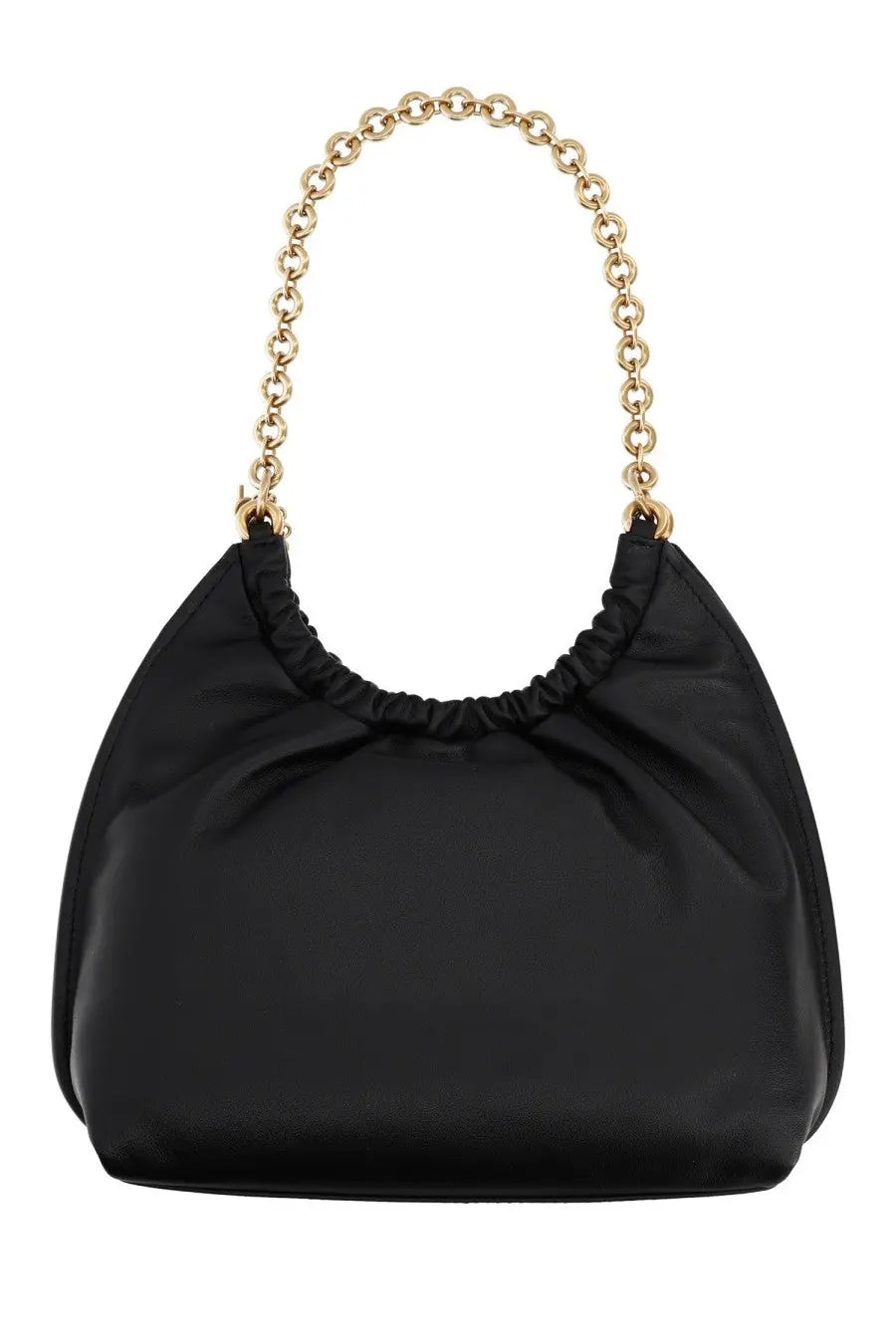 Michael Kors women’s medium indie bag in black satin with gold-toned chain strap and gathered top design