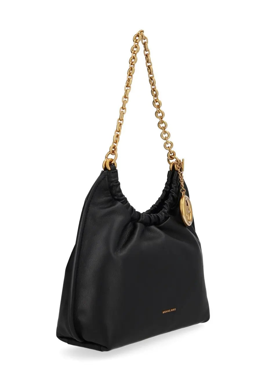 Black michael kors medium indie shoulder bag with gold-tone chain strap and matching circular logo charm