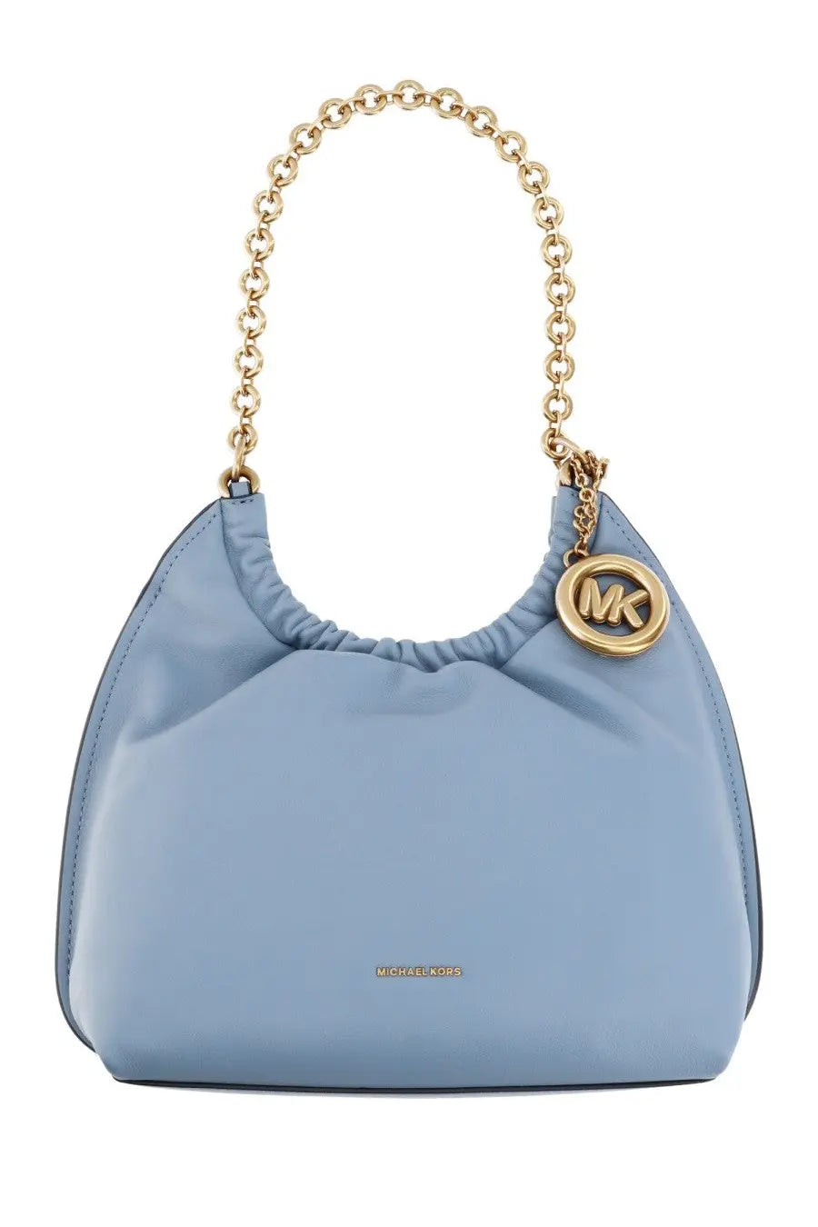 Light blue michael kors women’s medium indie handbag with gold chain strap and circular mk logo charm