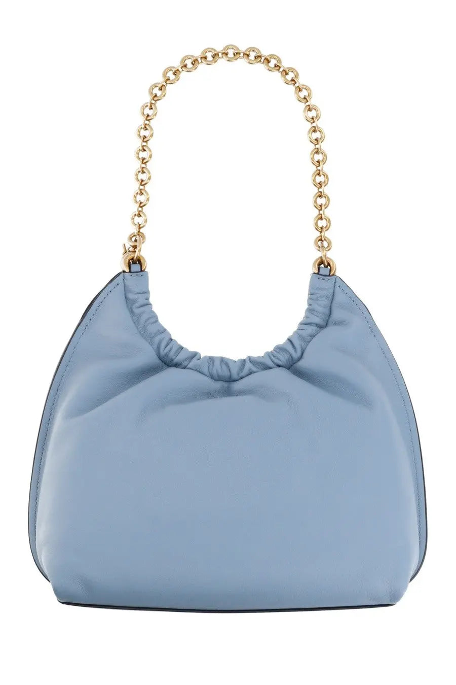 Michael Kors women’s medium indie bag in light blue satin with gold-tone chain strap and gathered top detail