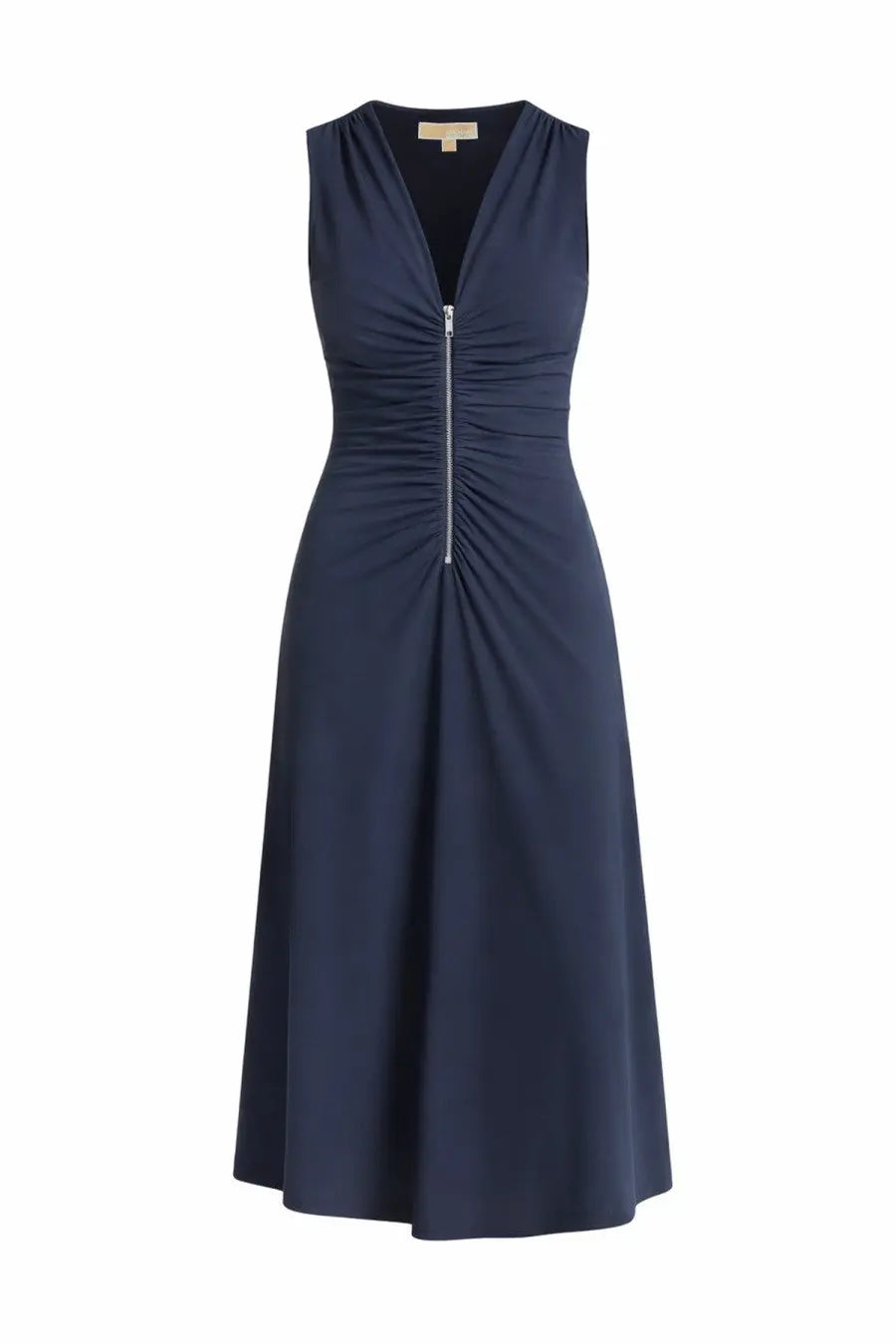Michael Kors women’s navy blue midi dress with ruched front and zipper detail in sleeveless design