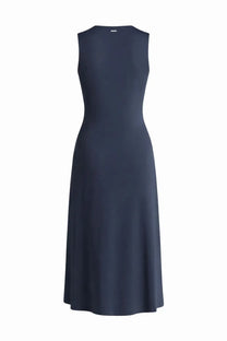 Michael Kors women’s midi dress blue with sleek navy sleeveless design and smooth flowing fabric shown from the back