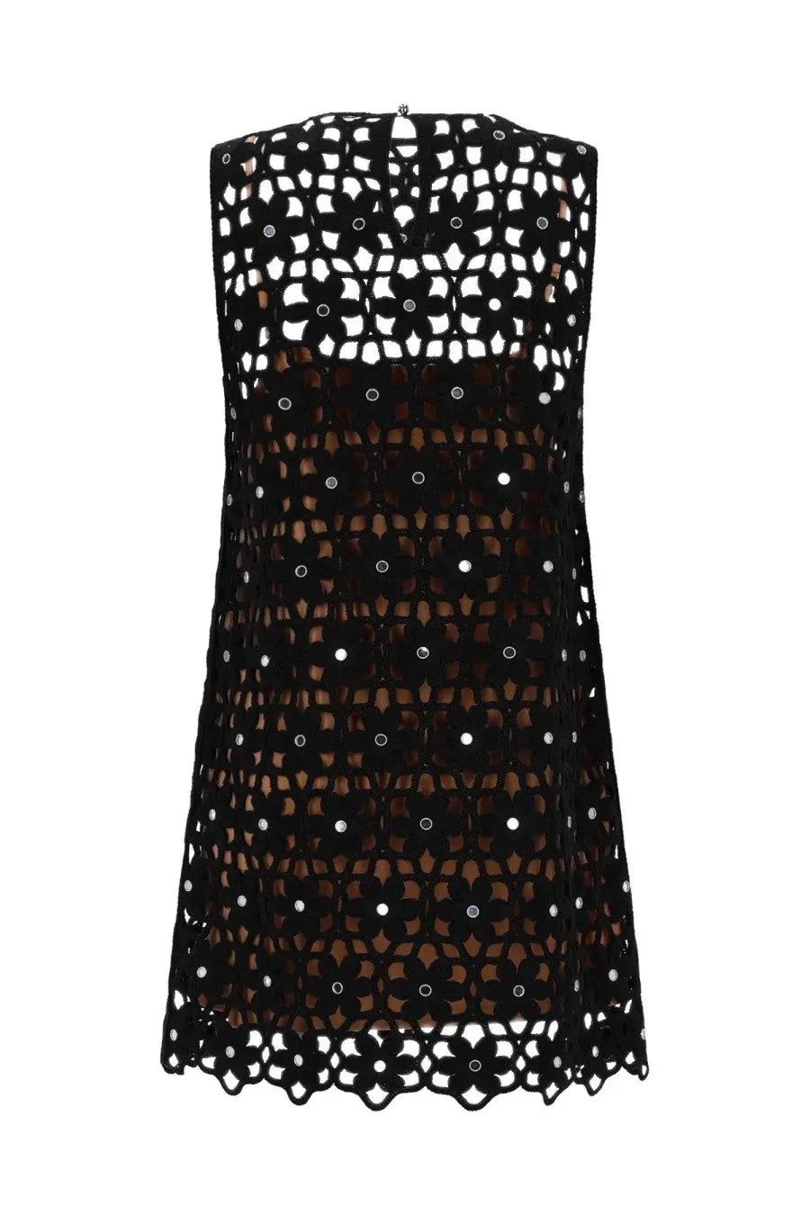 Michael Kors women’s mini abito in crochet black sleeveless dress with floral cutout patterns and silver sequins