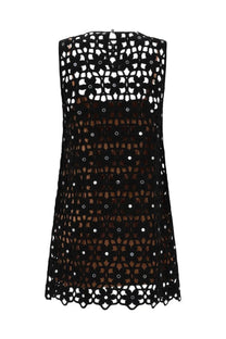 Michael Kors women’s mini abito in crochet black sleeveless dress with floral cutout patterns and silver sequins