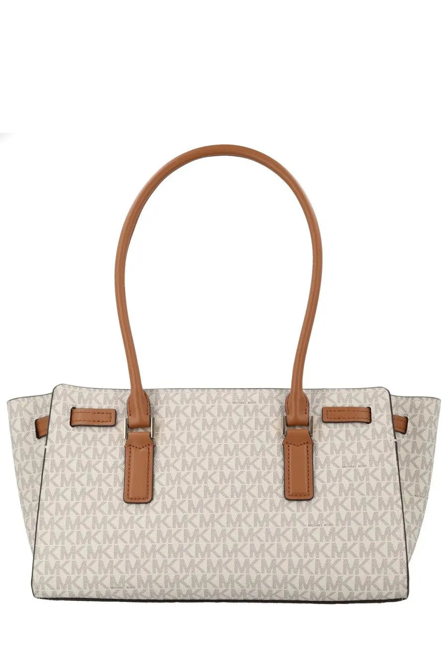 Beige and tan michael kors women’s modern hamilton tote bag with repeating monogram pattern and leather trim
