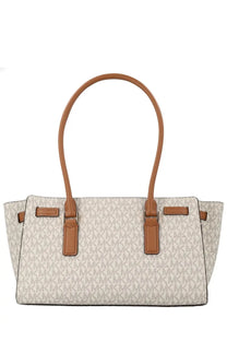 Beige and tan michael kors women’s modern hamilton tote bag with repeating monogram pattern and leather trim