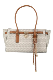 Beige and tan michael kors modern hamilton tote bag with mk logo pattern leather handles and trim