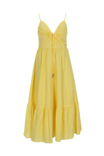 Michael Kors women’s neck midi dress yellow with ruched bodice, thin spaghetti straps, and tiered skirt detailing