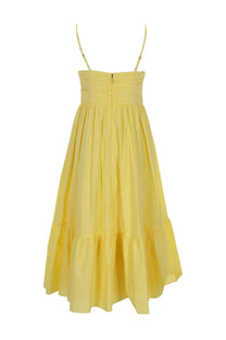 Michael Kors women’s yellow sleeveless midi dress with thin straps and tiered skirt perfect for summer wear