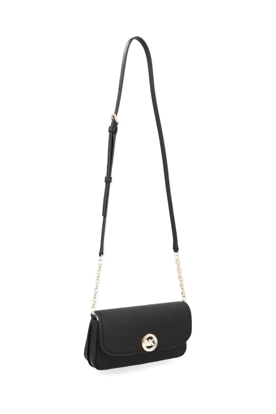 Michael Kors women’s Nolita black leather crossbody bag with gold-tone circular clasp and chain-link strap