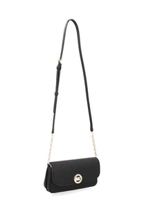 Michael Kors women’s Nolita black leather crossbody bag with gold-tone circular clasp and chain-link strap