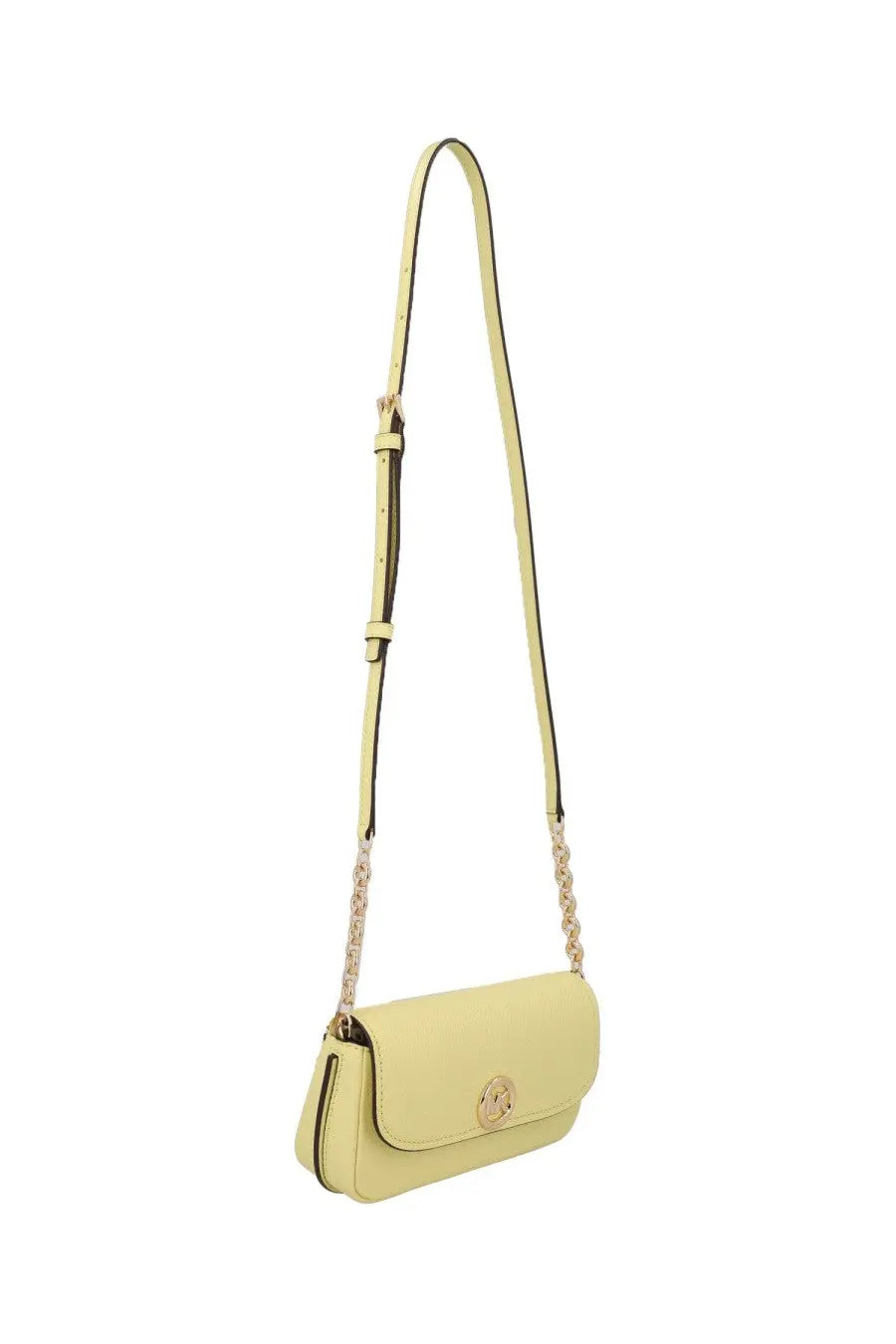 Michael Kors women’s Nolita pale yellow crossbody bag with chain leather strap and circular metallic clasp