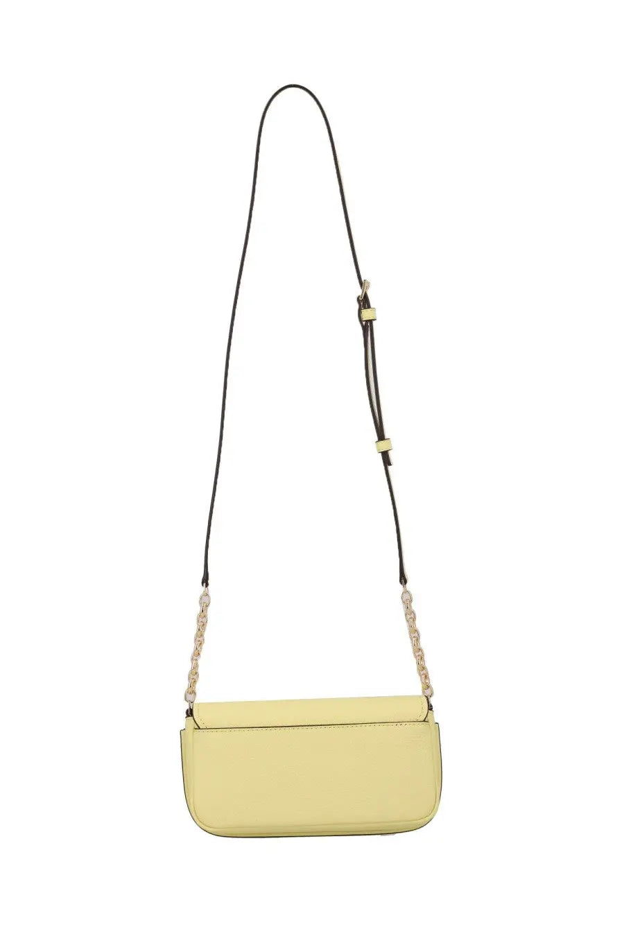 Michael Kors women’s Nolita pale yellow leather crossbody bag with black adjustable strap and gold-tone chain accents