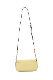 Michael Kors women’s Nolita pale yellow leather crossbody bag with black adjustable strap and gold-tone chain accents