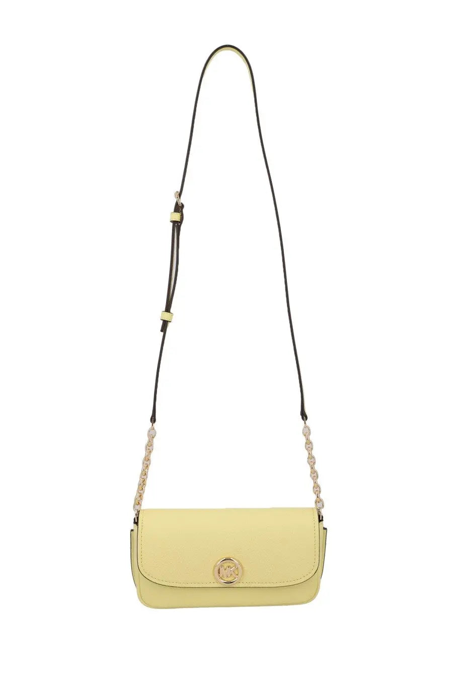 Michael Kors women’s Nolita pale yellow leather crossbody bag with gold circular clasp and black chain link strap