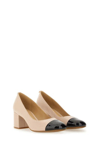 Michael Kors women’s pearl flex leather pumps in beige and black patent leather with cap-toe block heels