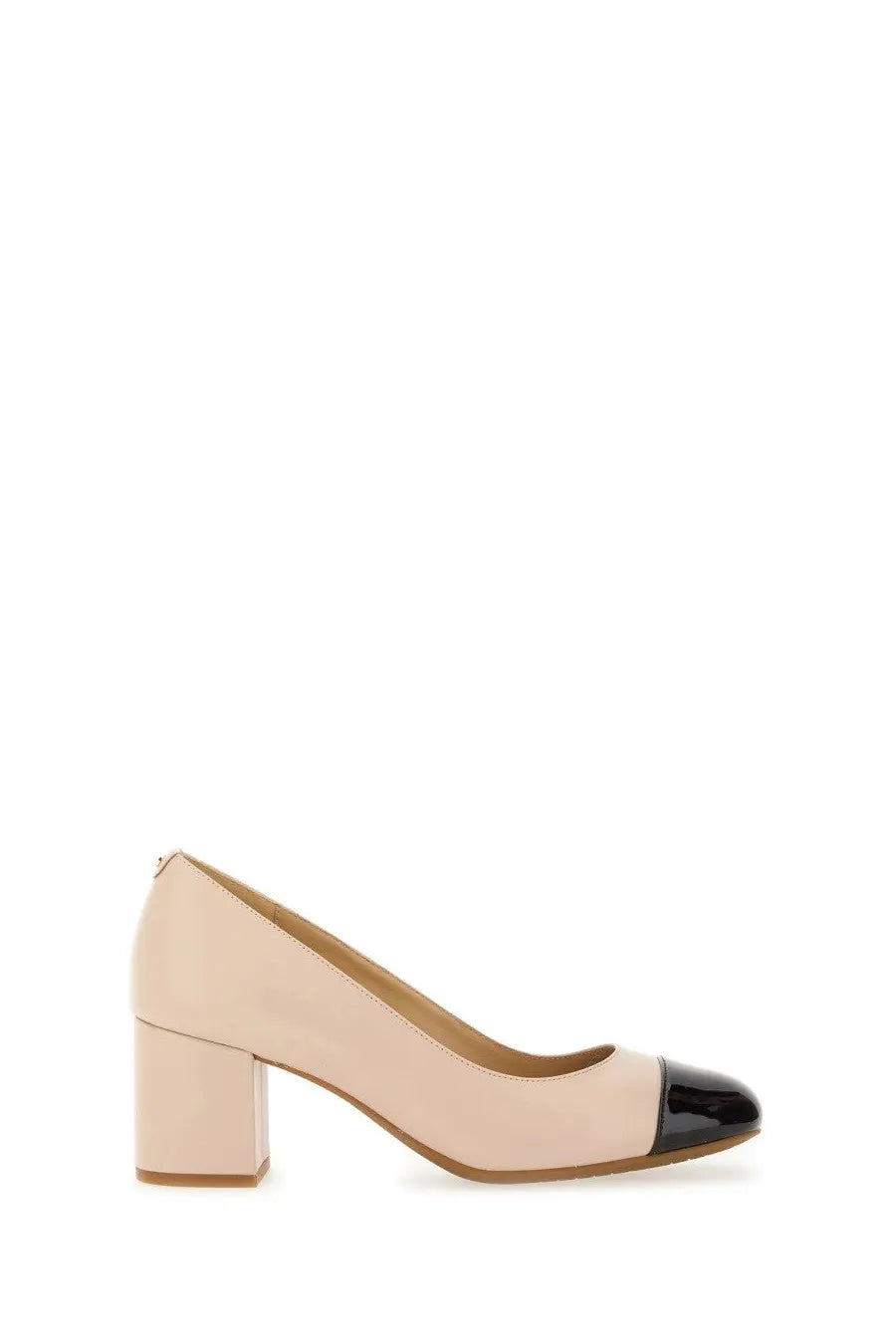 Michael Kors women’s blue leather pumps with beige and black patent leather cap-toe and block heel