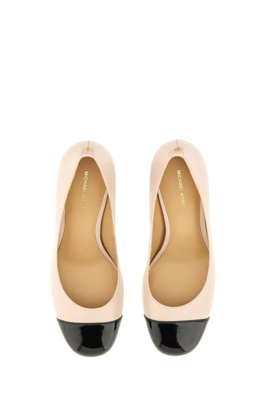 Beige and black patent leather michael kors pump with glossy toe cap for women from pearl flex leather pumps blue collection