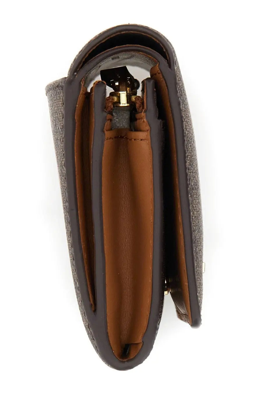 Michael Kors women’s portafoglio con all over brown gray textured wallet with brown leather interior and gold zipper pull