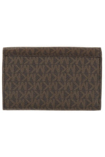 Brown michael kors women’s wallet with repeating monogram pattern and smooth leather finish