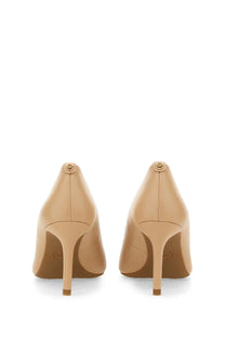 Beige leather michael kors women’s pump alina flex pink showing gold-tone logo emblem at the heel back side