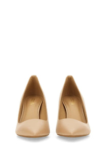 Michael Kors women’s Alina Flex pink beige leather pointed-toe pumps with sleek minimalist design