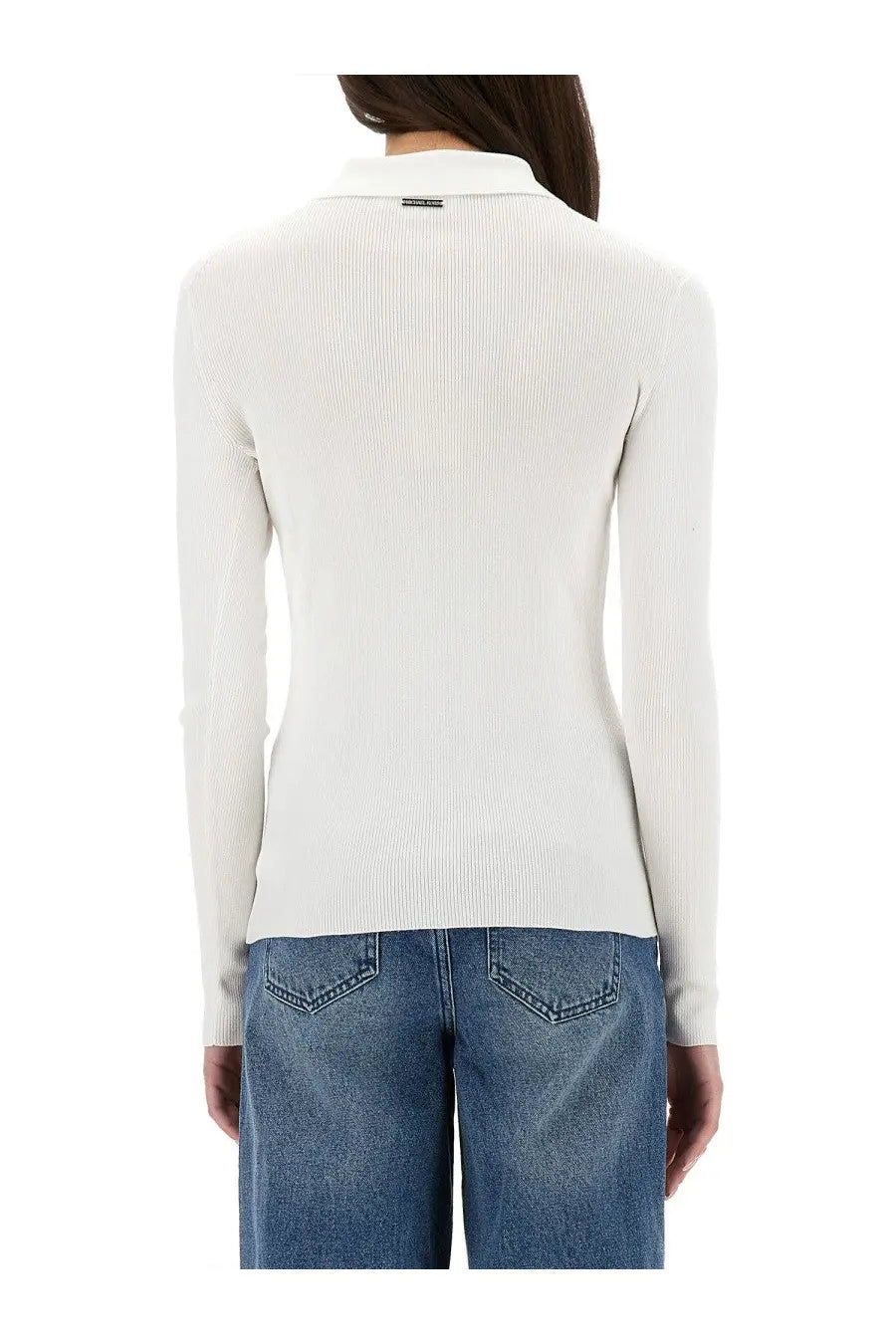 Michael kors women’s cream-colored ribbed knit long-sleeve polo shirt with classic collar and cardigan style