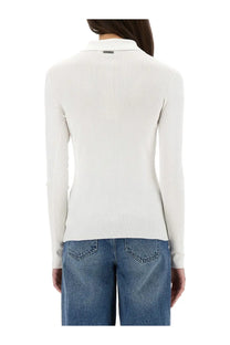 Michael kors women’s cream-colored ribbed knit long-sleeve polo shirt with classic collar and cardigan style