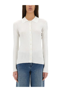 Michael Kors women’s white ribbed knit cardigan with classic collar and matching buttons in a soft fabric