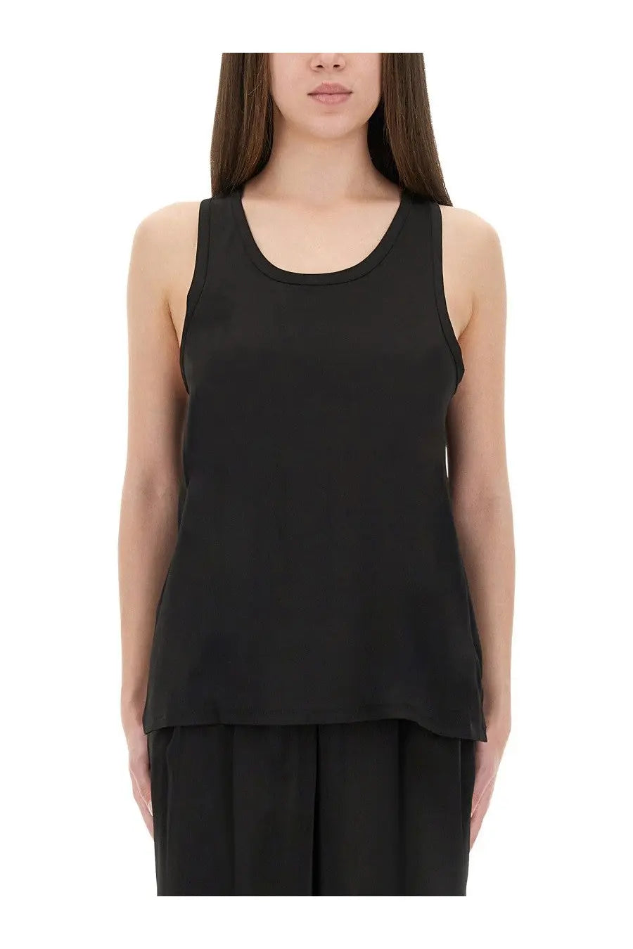 Michael Kors women’s black sleeveless tank top with rounded neckline and layered hem for casual wear