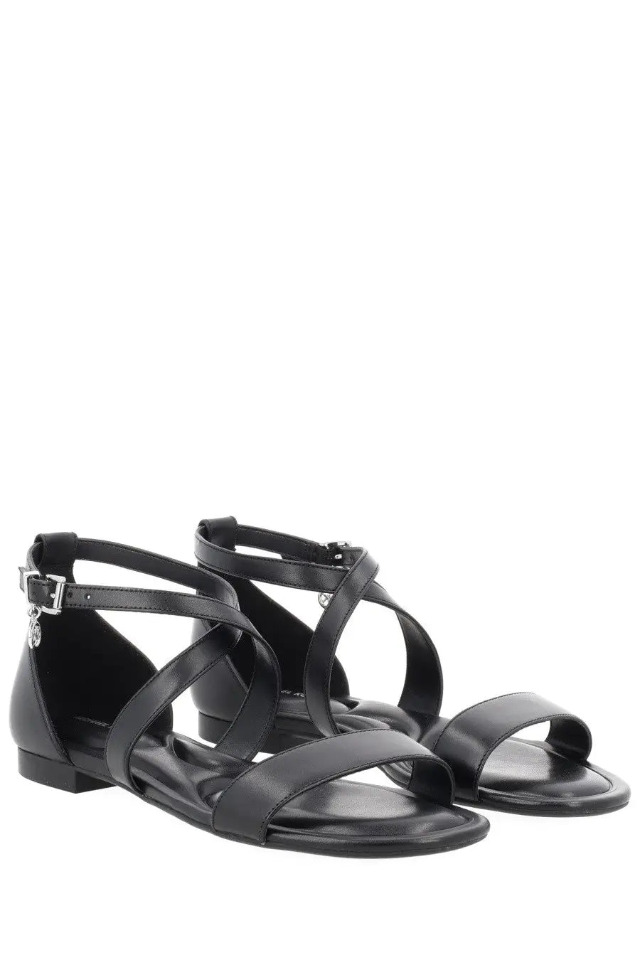 Michael kors women’s black leather strappy sandals with low block heel and silver-toned buckle accents