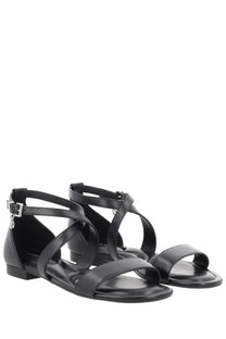 Michael kors women’s black leather strappy sandals with low block heel and silver-toned buckle accents