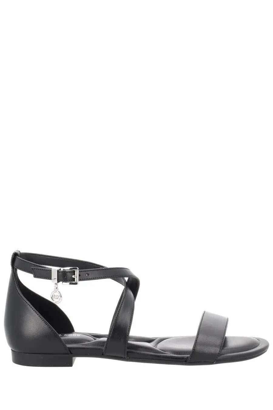 Michael Kors women’s black leather strappy sandal alexa with silver buckle and dangling charm