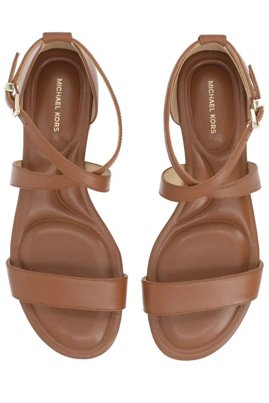 Michael kors women’s sandal alexa brown featuring brown leather with crossed straps and gold-tone buckle details