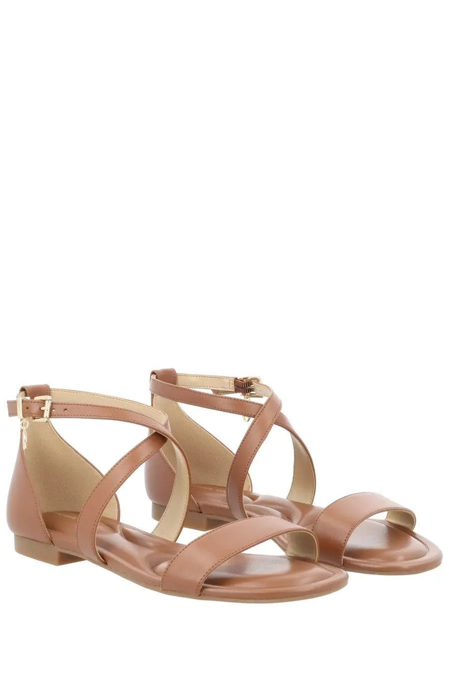 Michael kors women’s sandal alexa brown tan leather cross strap with low block heel and gold tone buckles