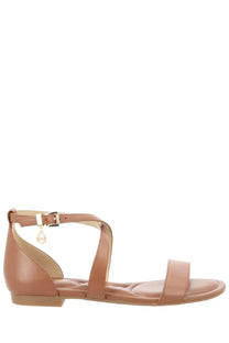 Michael Kors women’s tan leather sandals alexa with cross-strap design and pearl charm on ankle strap