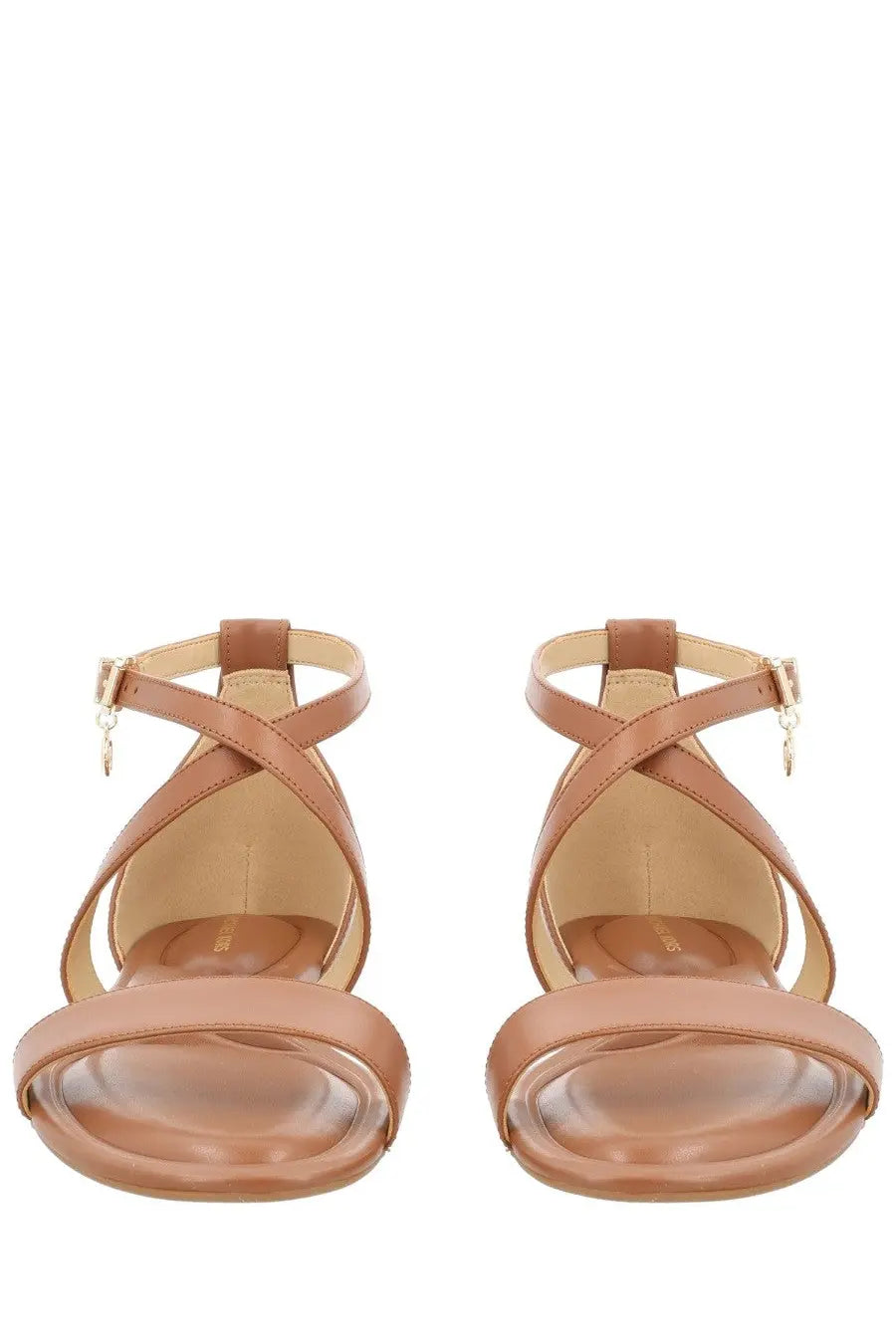 Michael Kors women’s sandal Alexa brown tan leather strappy sandals with cross-strap design and gold-tone buckles