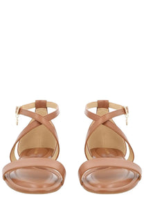 Michael Kors women’s sandal Alexa brown tan leather strappy sandals with cross-strap design and gold-tone buckles
