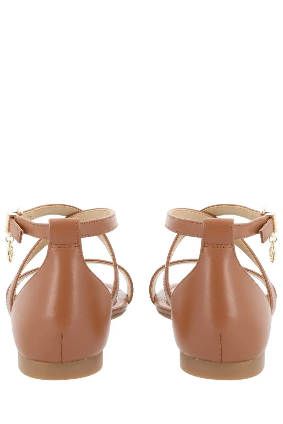 Michael Kors women’s sandal Alexa brown tan leather t-strap with gold-tone charm on ankle strap