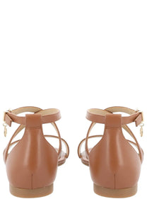 Michael Kors women’s sandal Alexa brown tan leather t-strap with gold-tone charm on ankle strap