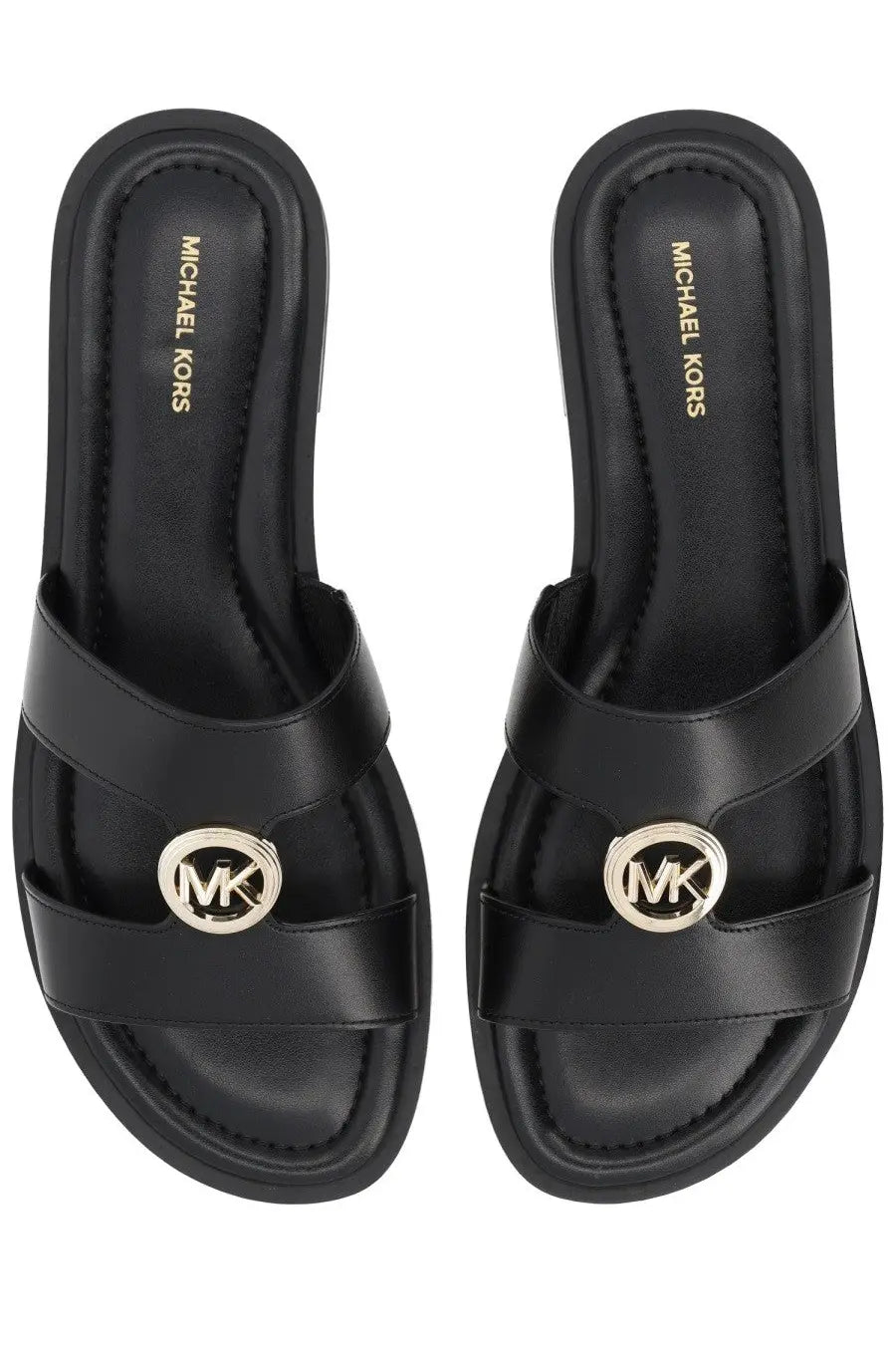 Michael Kors women’s Sandalo Erin black leather slide sandals with gold-toned MK logo emblem on the strap