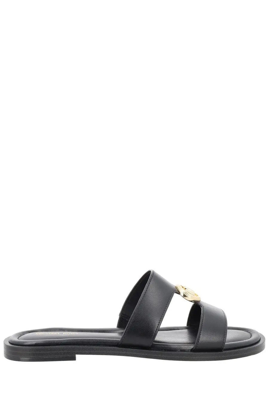 Michael Kors women’s sandalo Erin black leather slide sandal with gold-tone circular logo accent