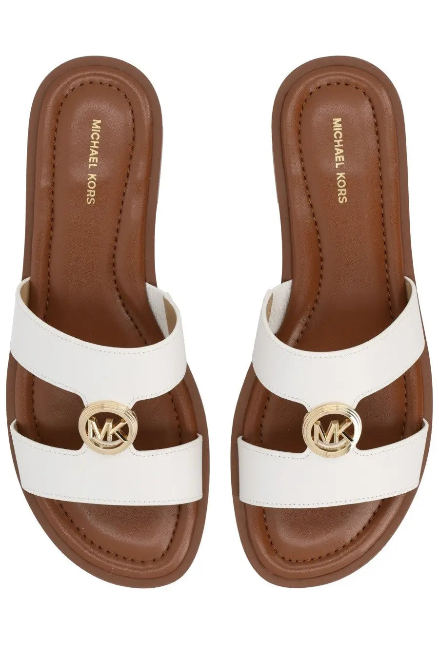 Michael kors women’s sandalo erin white leather double-strap slide sandals with gold-tone mk buckle and brown insole