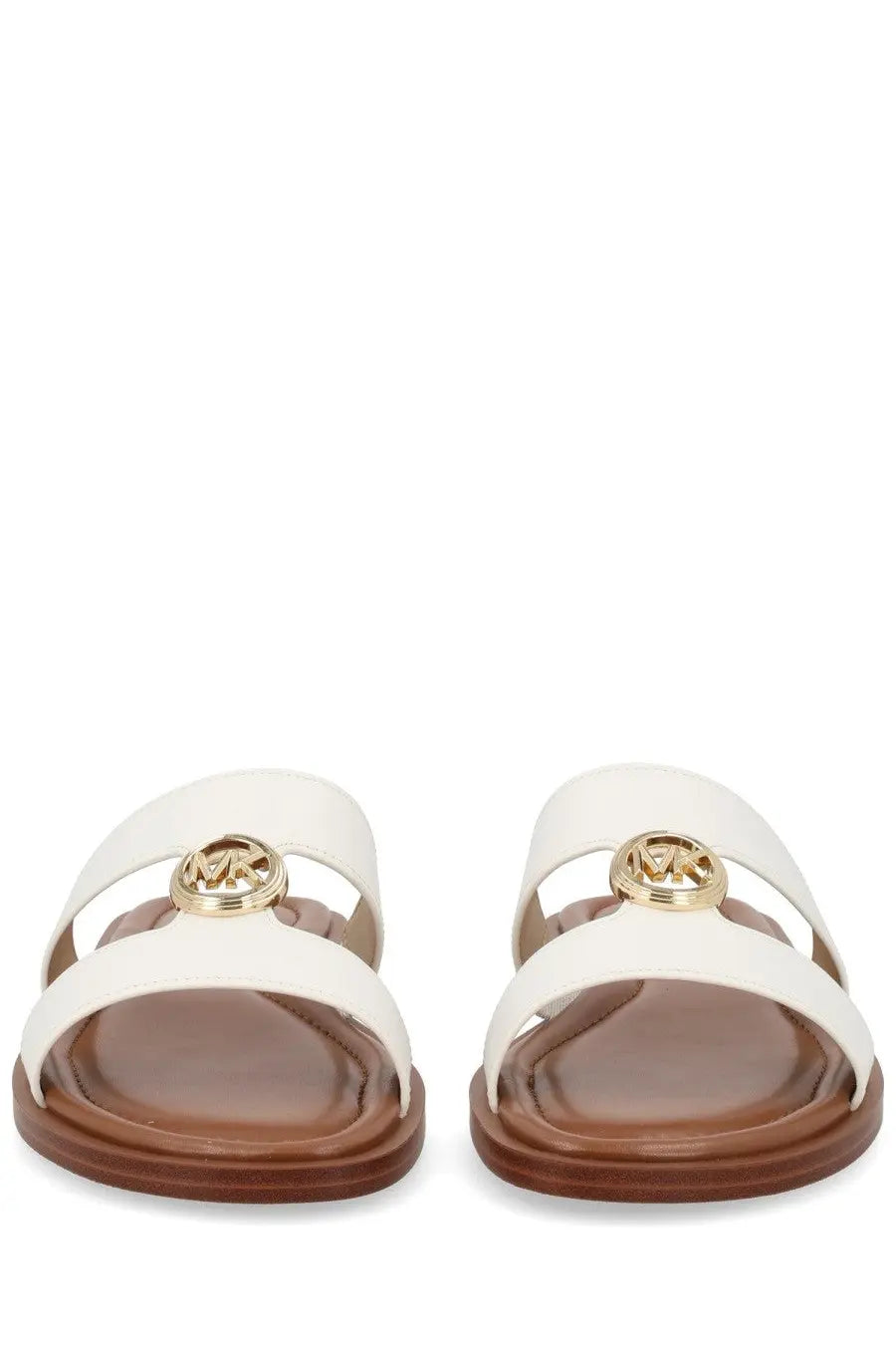 Michael Kors women’s sandalo Erin white leather sandals with gold-tone MK logo emblem on the front strap
