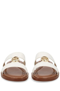 Michael Kors women’s sandalo Erin white leather sandals with gold-tone MK logo emblem on the front strap